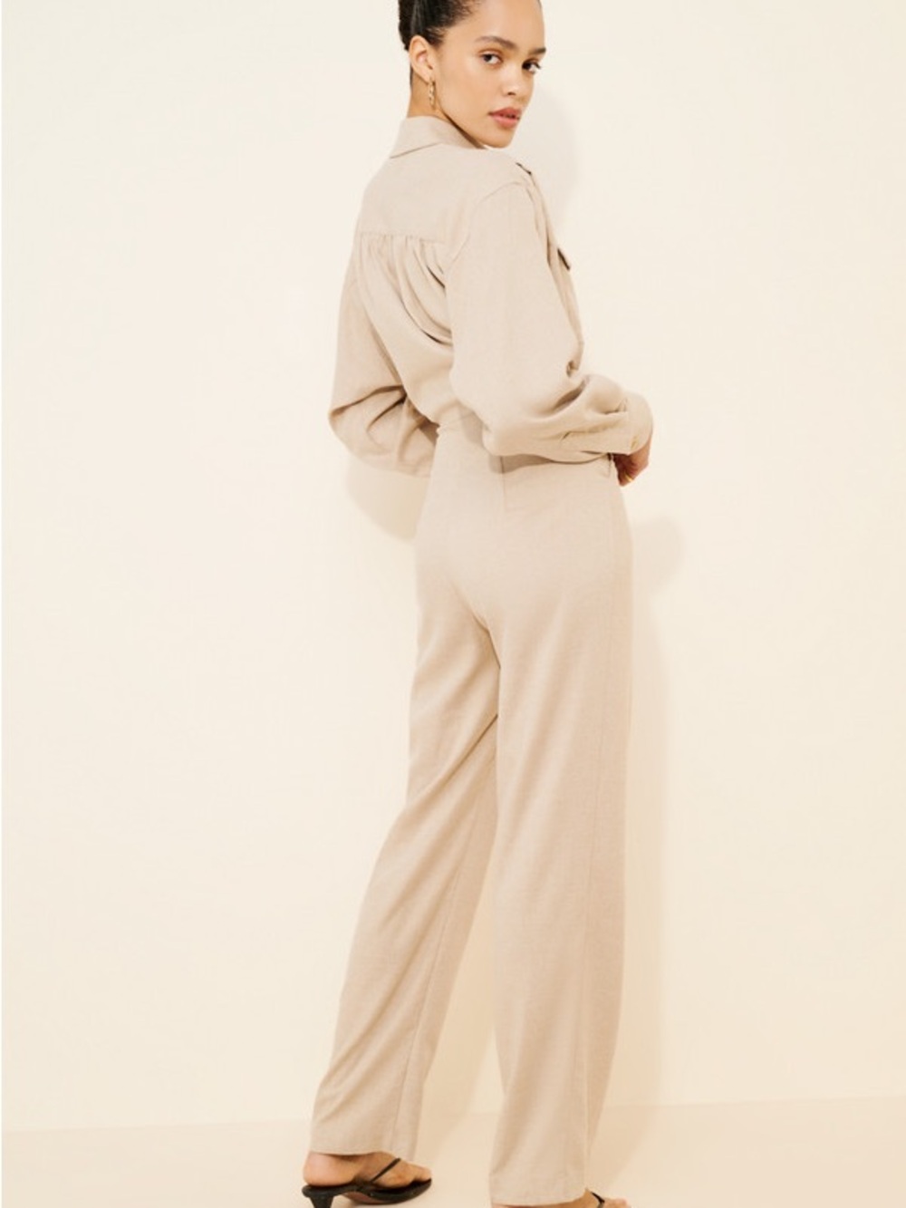 Nuuly x Ronny Kobo Long Sleeve Beige Brila Utility Jumpsuit 80s Quiet Luxury - Picture 2 of 13